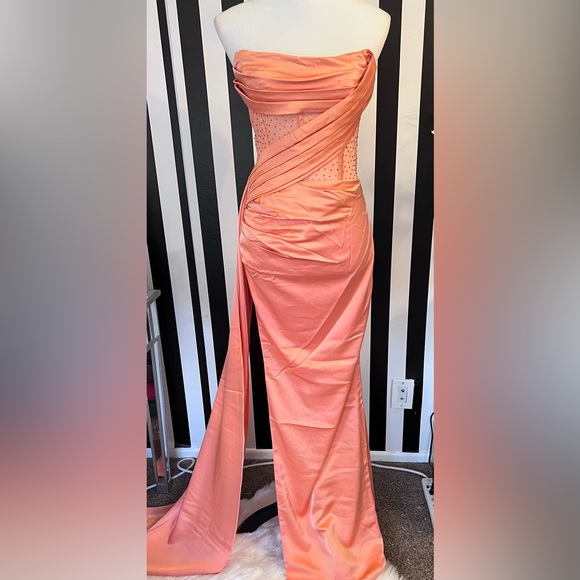 Coral Crystal Corset High Slit Draped Gown - NWT - Picture 7 of 12